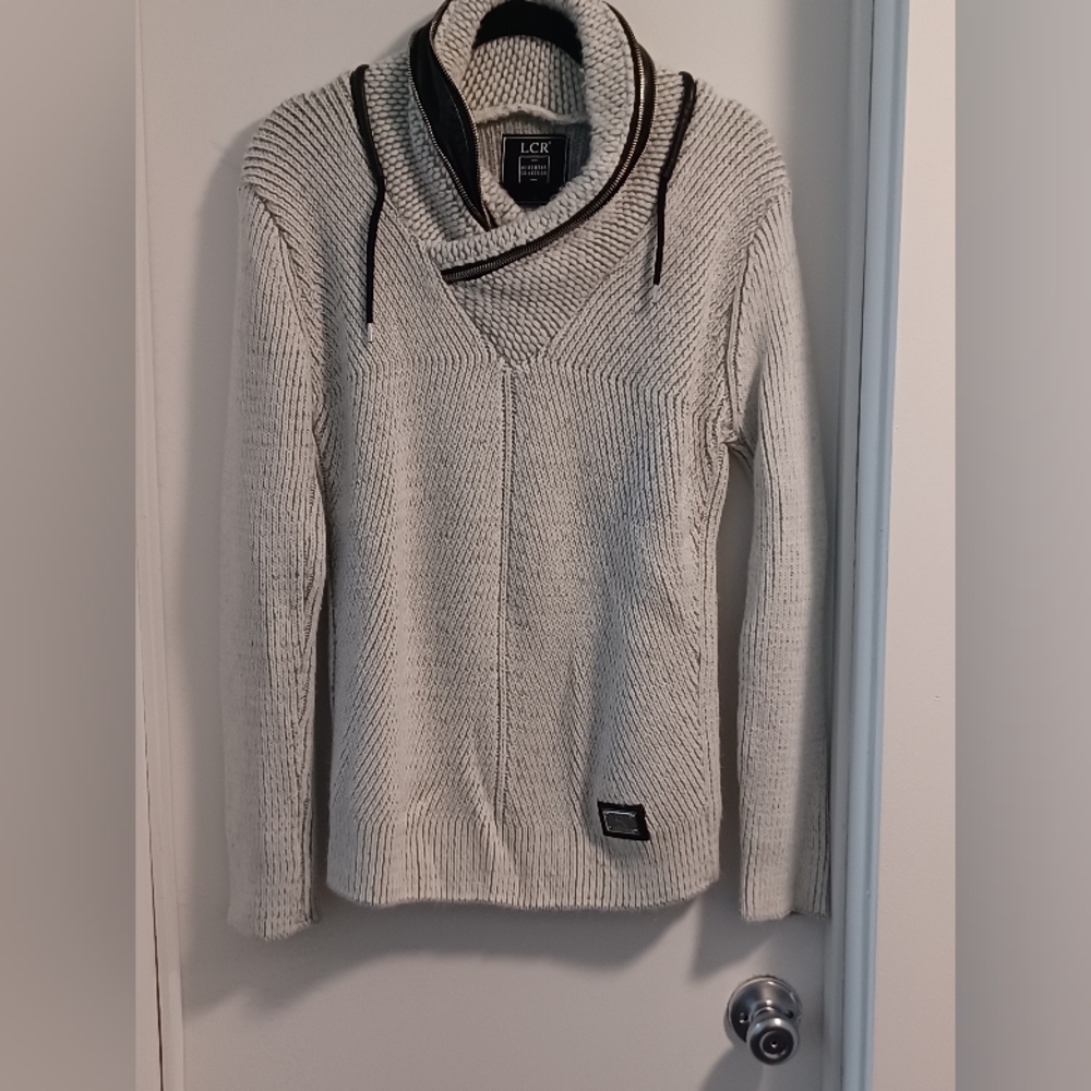 Gray Zip Up Sweater with Knit Texture and Ribbed Details